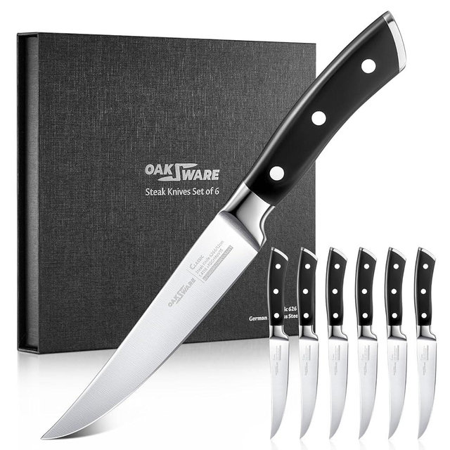 OAKSWARE Steak Knives Set of 6 with Gift Box, 5 Inch Ultra-Sharp Straight Edge Non Serrated Knife for Effortless Cutting, German Stainless Steel Dinner Knives for Family and Daily Meals