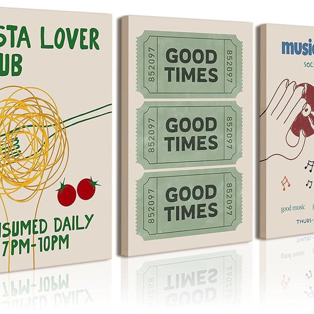 Vintage Trendy Green Canvas Wall Art Set of 3 - Good Times Ticket Posters Prints Funny Pasta Lover Club Decor Picture Trendy Music Wine Painting Home Decor for Living Room Dining Room 12×16 In Framed
