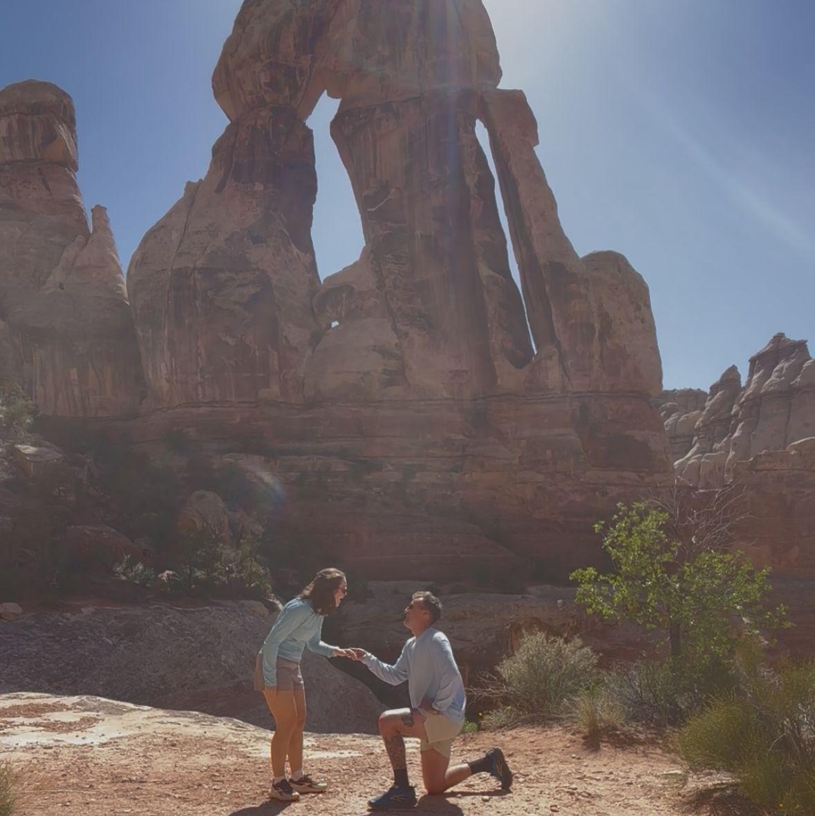 We got engaged beneath Druid Arch in Canyonlands National Park. We were totally alone up there, and it was perfect!