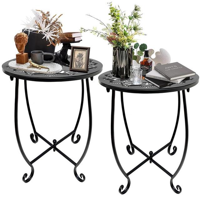 2 Pack Outdoor Side Tables for Patio,13 Inch Weather Resistant Metal Plant Stand Side Table, Round Outdoor End Table Accent Side Table for Patio Yard Porch Balcony Garden Bedside Indoor Outdoor