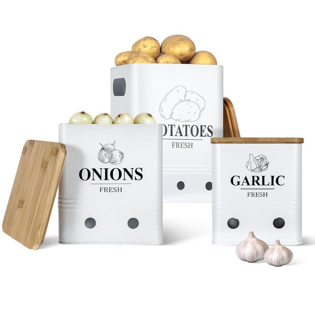 Lemecima Potato Onion Garlic Storage Set of 3 Ventilated Iron Canisters with Bamboo Lids - Potato and Onion Bin for Pantry， Kitchen Vegetable Containers Cute Metal Vegetable Bin Set of 3