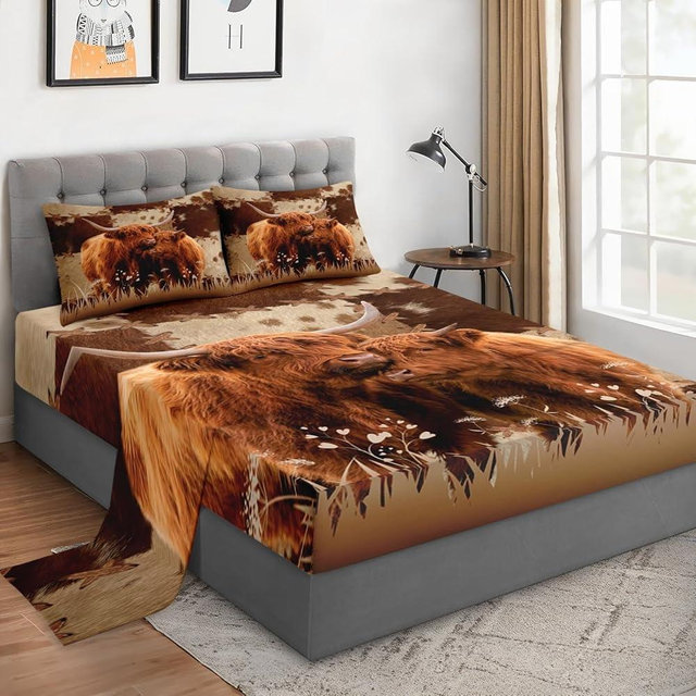 WeCozy Queen Size Bed Sheet Sets with Pillowcases, Highland Cow Animal Bull 4 Pcs Soft Microfiber Bedding for Kids and Adults, Farm Flat, Fitted Sheet for Bedroom Bed Decor