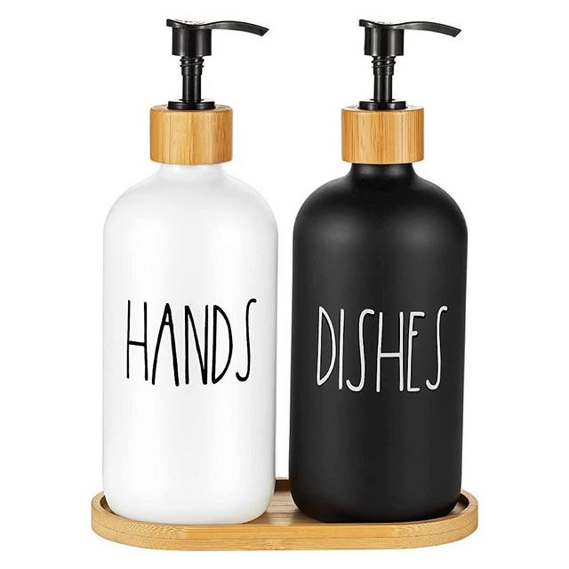 Hand and Dish Soap Dispenser for Kitchen Sink by Brighter Barns - Farmhouse Kitchen Soap Dispenser Set with Tray - Glass Soap Dispenser - Modern Boho Farmhouse Kitchen Decor (Black & White)