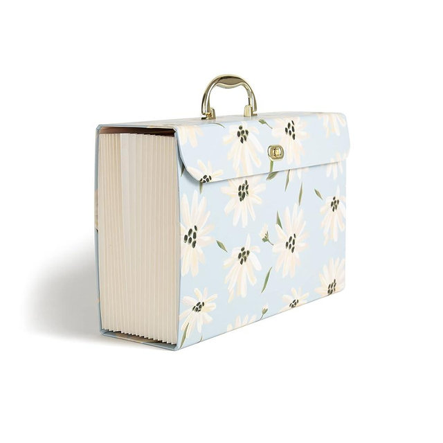 U Brands Expanding 19 Pocket Fashion File Folder, Blue Gilded Spring, 15.4” x 10.5”