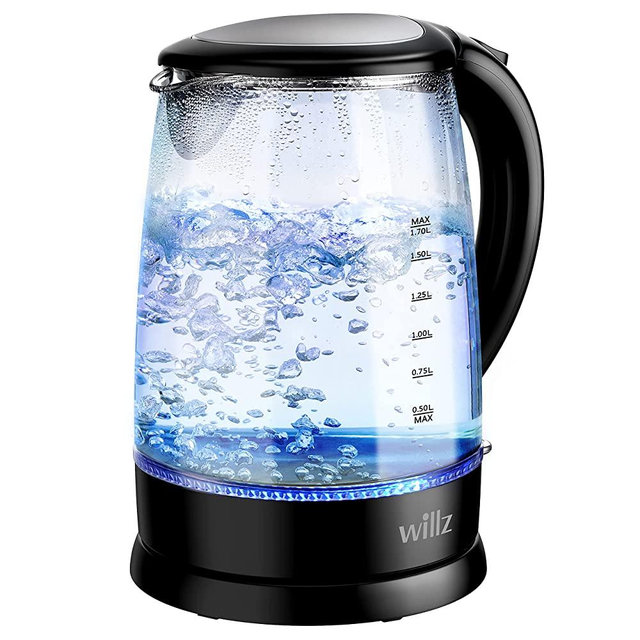 Willz Electric Glass Kettle with Heat Resistant Handle and Cordless Pour, Quick Boil & Auto Shut-Off Technology, Blue Boil Light, 1.7L, 1500 W