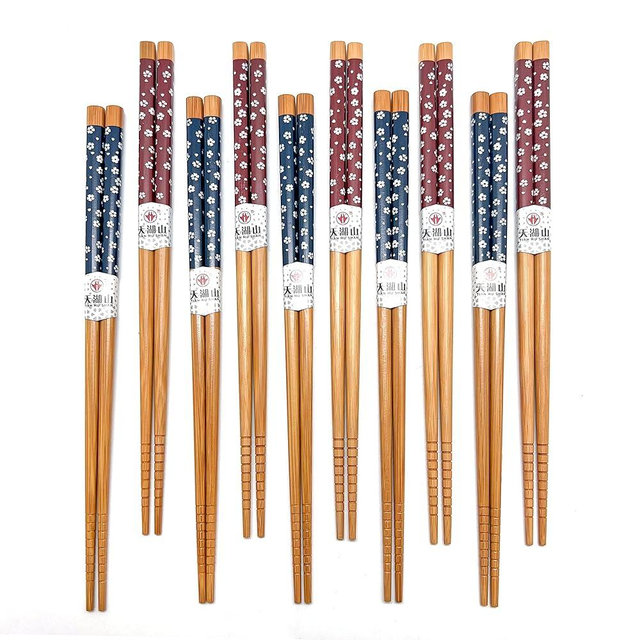10 Pairs Reusable Bamboo Chopsticks, Falling Sakura Pattern Natural Bamboo Wood Chopsticks, 8.8Inch/22.5cm Polybag packing by LANHUTHS