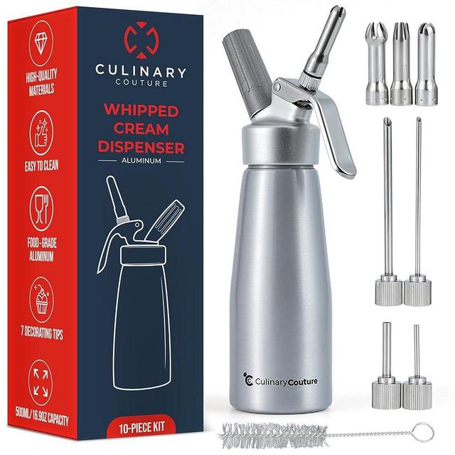 Culinary Couture Professional Whipped-Cream Dispenser - Aluminum Cream Whipper, 7 Various Stainless Culinary Decorating Nozzles and 1 Brush - Whip-Cream Canister - Homemade Cream Maker - 500ml/1 Pint