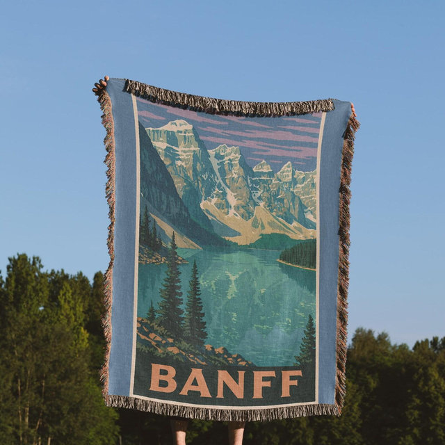 Banff Woven Blanket – 100% Cotton Mountain Throw, Vintage Canada Tapestry, Scenic Lake and Rockies Blanket for Nature Lovers
