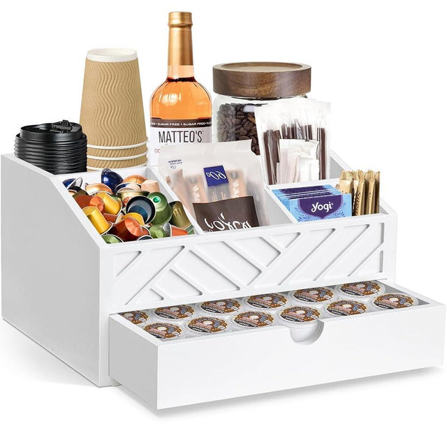 Coffee Bar Organizer with Drawer, Coffee Station Organizer for Countertop, Wood Coffee Bar Accessories Organizer for Coffee Bar Decor, Farmhouse Coffee Cup Pod Holder Condiment Organizer(White)