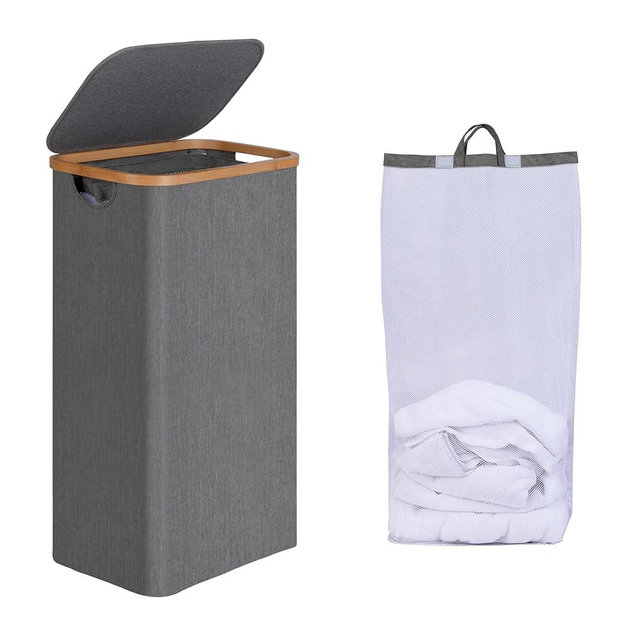 efluky Slim Laundry Basket with Lid, Narrow Laundry Hamper with Removable Bag, Skinny Dirty Clothes Basket with Bamboo Handles for Bathroom, Bedroom & Laundry Room, 75L Grey