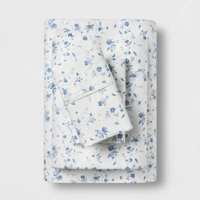 Queen 400 Thread Count Floral Print Cotton Performance Sheet Set White/Blue Floral - Threshold™