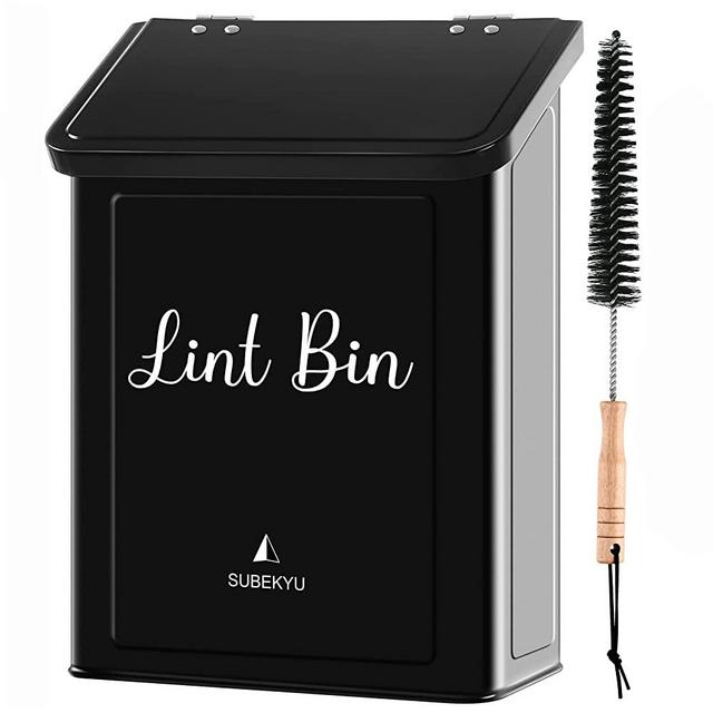 SUBEKYU Metal Magnetic Lint Bin for Laundry Room, Wall Mounted Lint Box Holder Trash Can with Lid for Dryer, Black