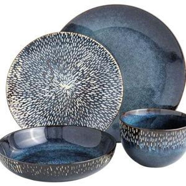 Gibson Elite Matisse 16 Piece Double Bowl Dinnerware Set, Cobalt Blue, Service for 4 (16pcs)