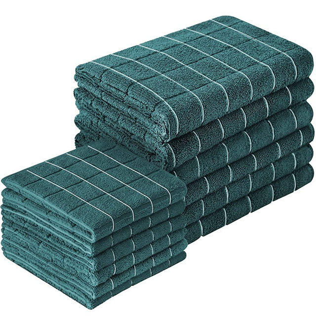 Puomue Microfiber Kitchen Towels and Dishcloths Set, 26 X 18 Inch and 12 X 12 Inch, Set of 12 Bulk Lint Free Dish Towels for Drying Dishes, Dark Green