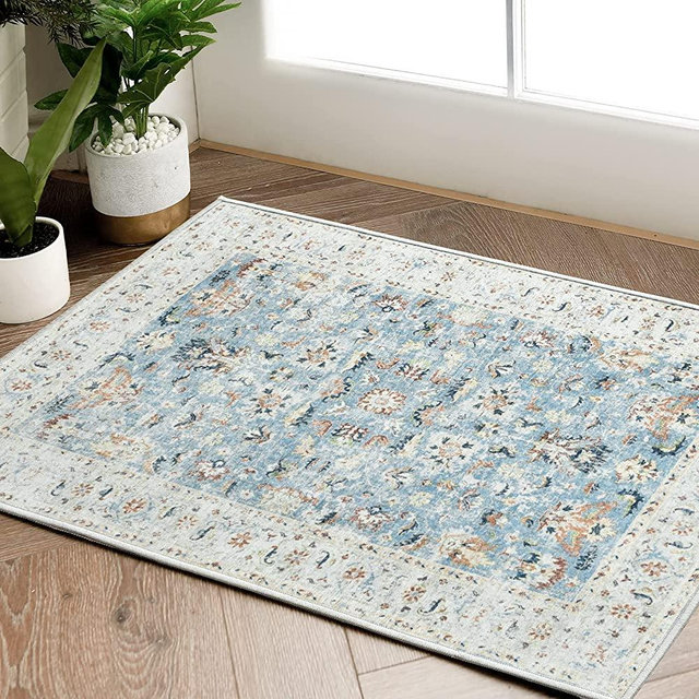 JINCHAN Area Rug 2x3 Door Mat Persian Rug Vintage Floor Cover Doormat Indoor Entrance Mat Foldable Thin Rug Blue Multi Floral Print Carpet Boho Farmhouse Kitchen Bathroom Living Room Bedroom Entryway