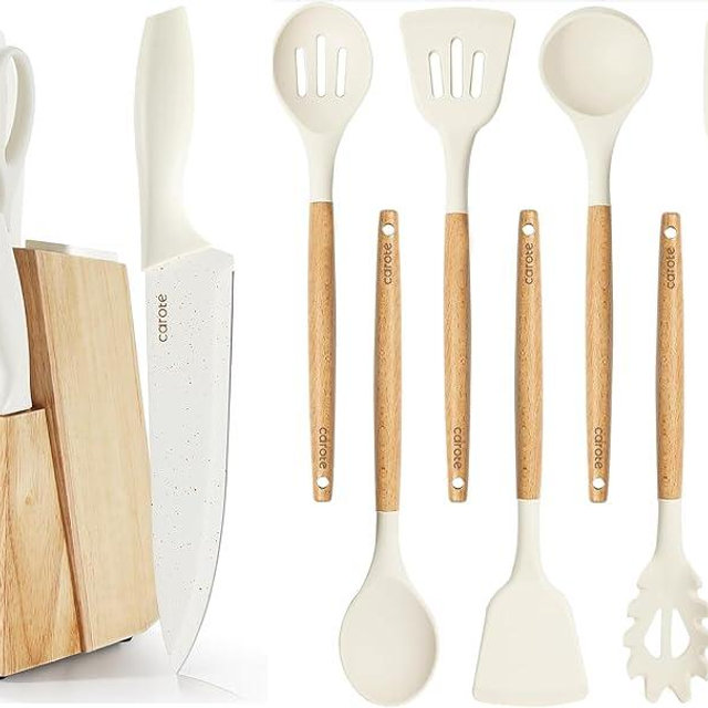 CAROTE Silicone Cooking Utensils Set & Knife Block Set