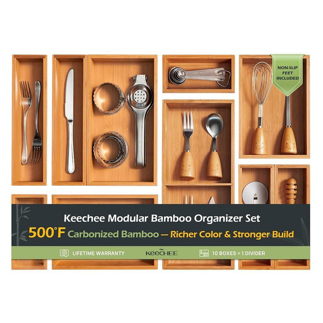 keechee 10-Piece Bamboo Drawer Organizer Set, 2.2" Deep Multi-Use Organizers for Utensils, Silverware, Cutlery, Desk, Bathroom, Junk Drawer & Makeup, Non-Slip Feet Included.