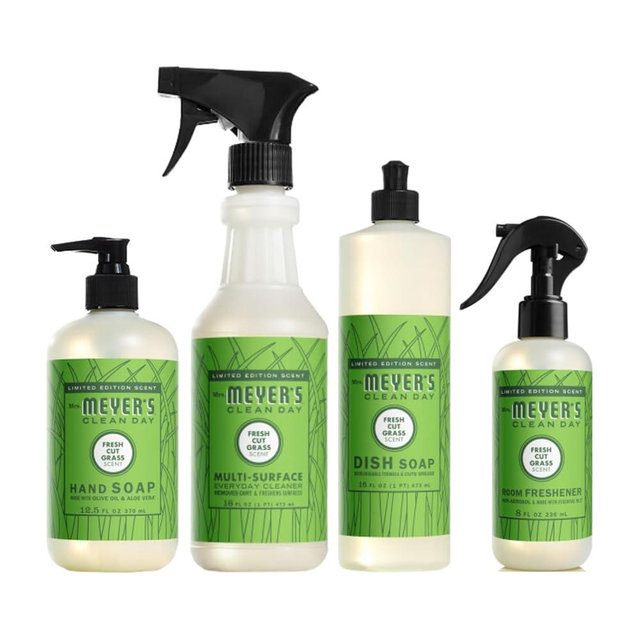 MRS. MEYER'S CLEAN DAY Fresh Cut Grass Scent Variety Pack, Liquid Hand Soap 12.5 FL OZ, Dish Soap 16 FL OZ, Multi-Surface Cleaner 16 FL OZ, Room Freshener 8 OZ, 1 CT