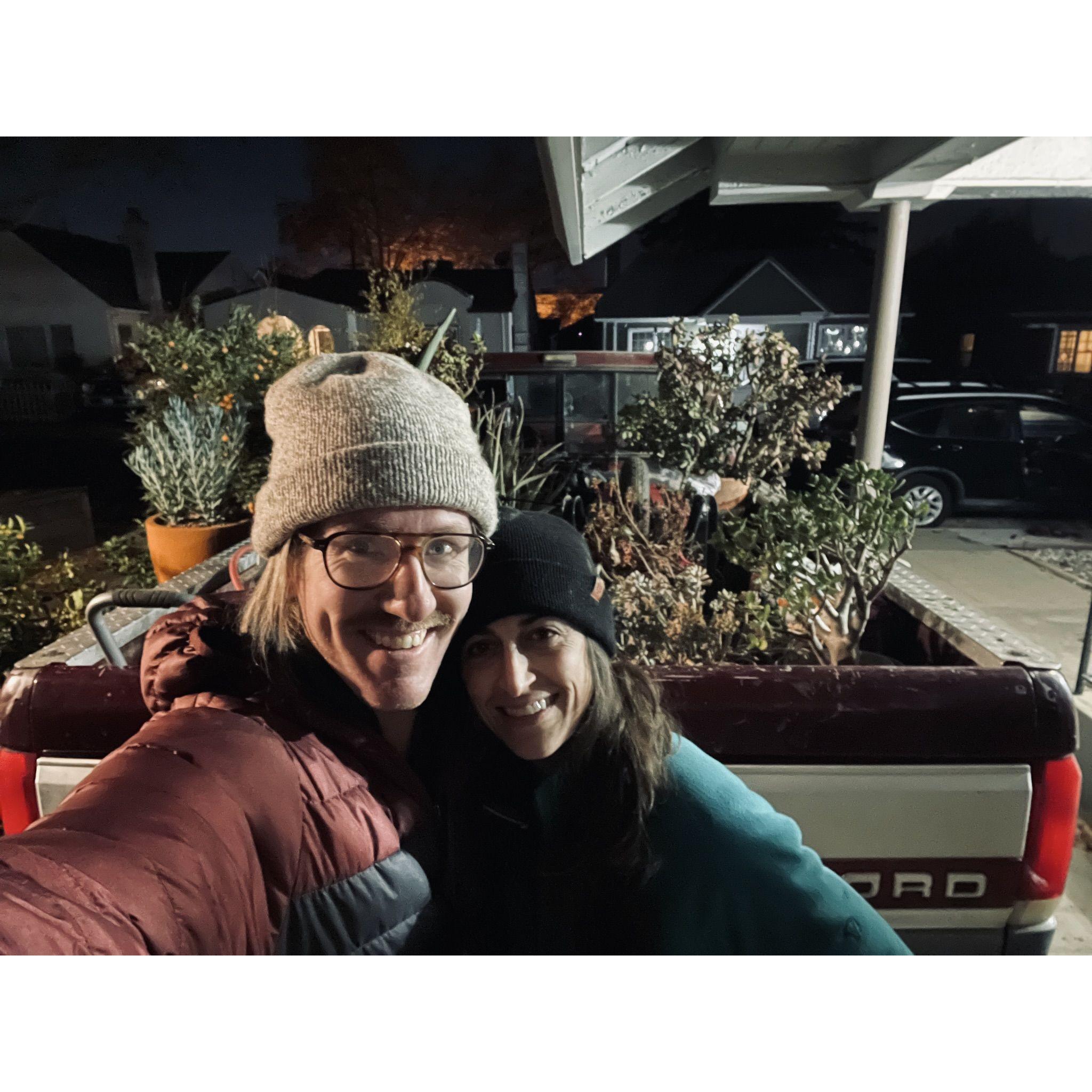 Packing the last of John's plants in his truck, "Big Red."