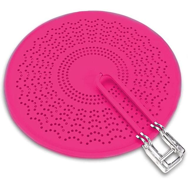 MarhJean 13" Silicone Splatter Screen - Pan Cover with Folding Handle, High Heat Resistant Oil Splash Guard - Heat Insulation Cooling Mat, Strainer, Drain Board for Frying Pan (13", pink)