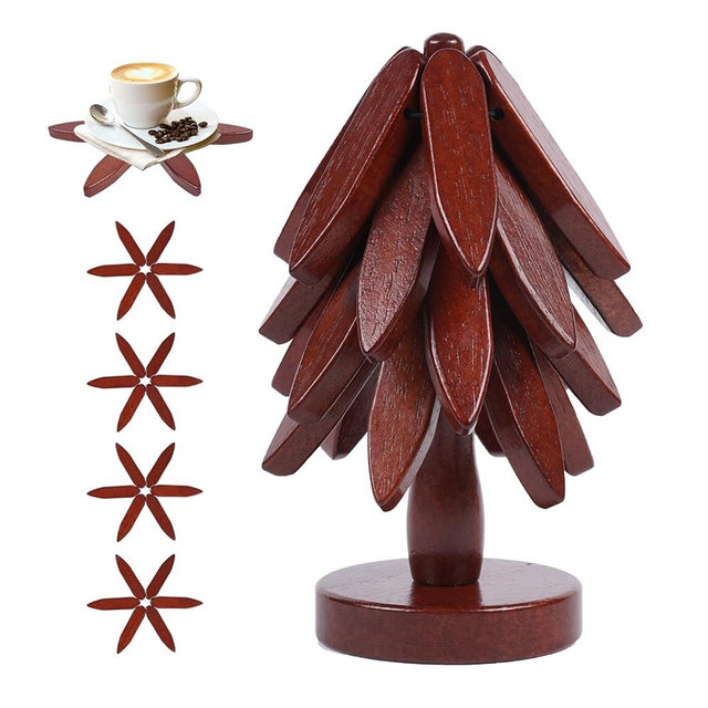 Wooden Trivets for Hot Dishes Tree Shape Trivet Set,4 Wooden Tree Coasters+1 Stand Wood Trivets Stored Like a Christmas Tree，Suitable for Pots、Teapots、Bowls、Fondue Holders(Black Walnut)