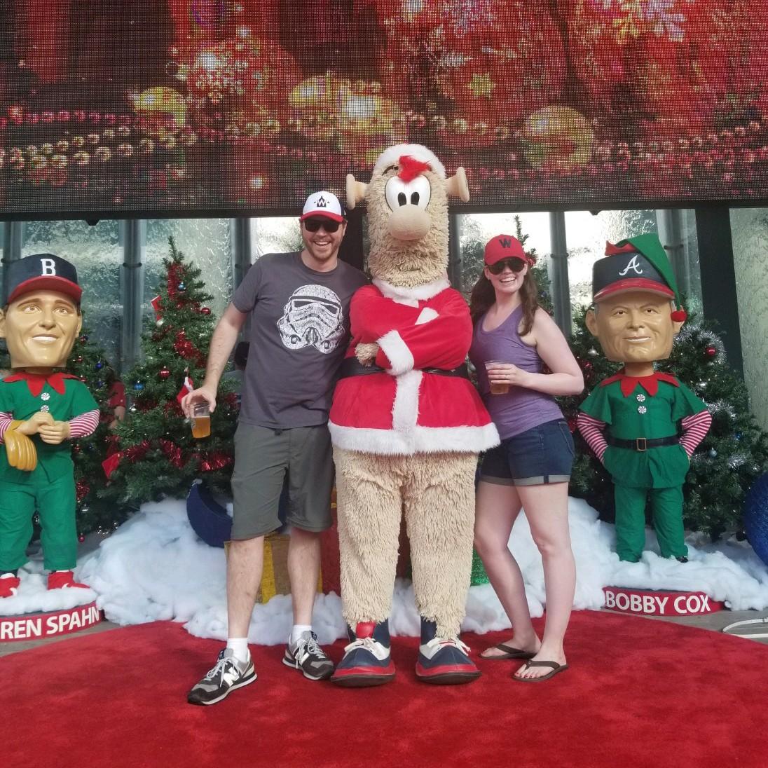 In our quest to see all the MLB baseball stadiums we enjoyed Christmas in July with Atlanta Braves' mascot Blooper, who was clearly thrilled to see National's fans.