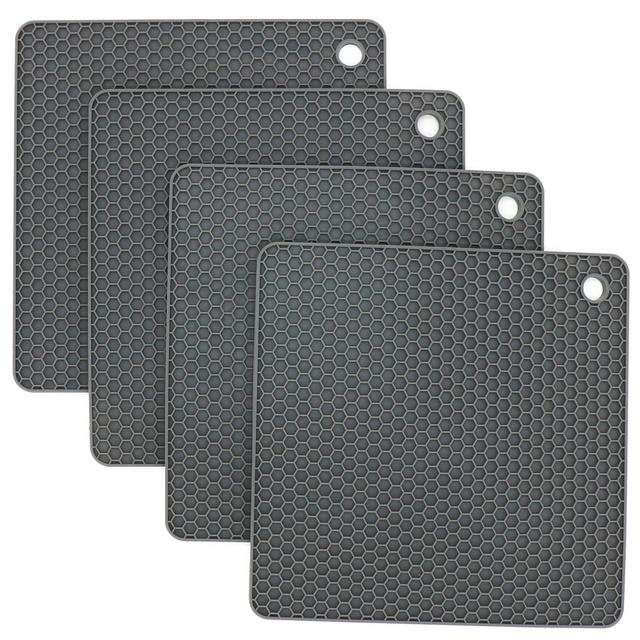 Square Silicone Trivets for Hot Pots Pans Place Mat Countertop Mats Dinner Drying Pad Jar Opener and Spoon Rests, (Set of 4) Non Slip, Flexible, Durable, Dishwasher Safe Heat Resistant Color Gray