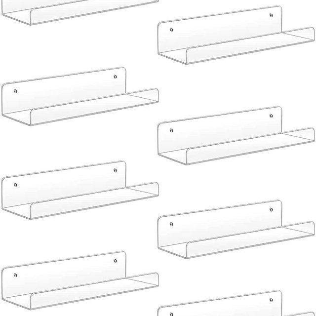 Sooyee Acrylic Shelves,8 Pack 15 Inch Floating Wall Mounted Shelves, Funko Pop Display Case,Invisible Kids Book Shelf,Picture Ledge Shelf Decor Accents,5MM Thick Bathroom Shelves,4.77" Wide,Clear