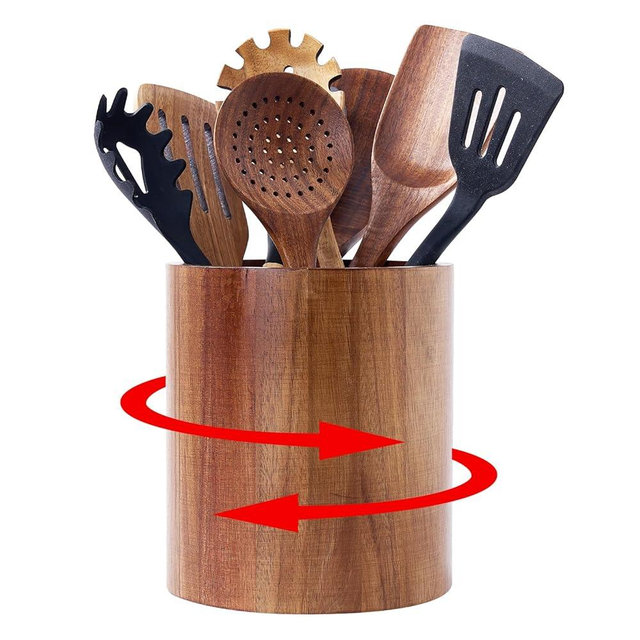MERVAGIN Acacia Wood 360° Rotating Utensil Holder - Non-Slip Large Capacity Crock for Kitchen Counter, Holds 15-20 Cooking Tools - Rustic Farmhouse Countertop Organizer (7.2" H x 6.3" D)