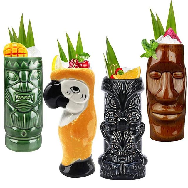 Tiki Mugs Cocktail Set of 4 - Tumblers Ceramic Hawaiian Luau Party Mugs Drinkware, Cute Exotic Cocktail Glasses, Tiki Bar Professional Hawaiian Party Barware, TKSET0003 (4PCS)