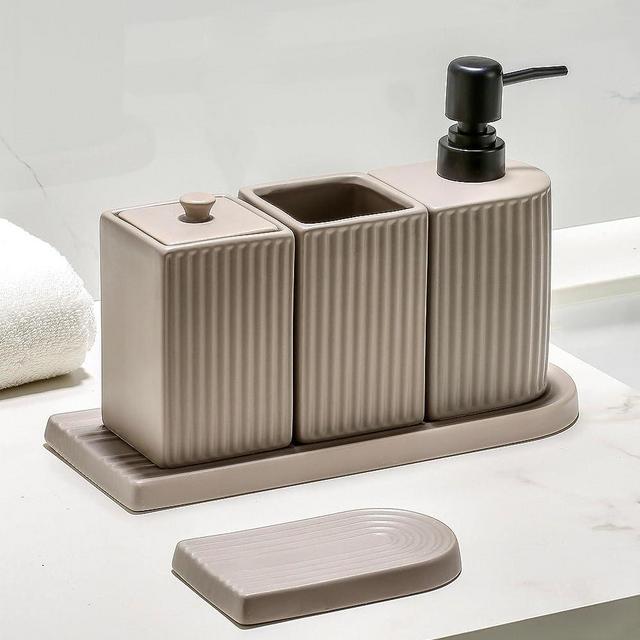 Carrot's Den Bathroom, Kitchen Accessories Set - Ceramic Toothbrush Holder, Lotion/Soap Dispenser, Cup, Soap Dish, Cotton Swab Holder (Light Taupe)