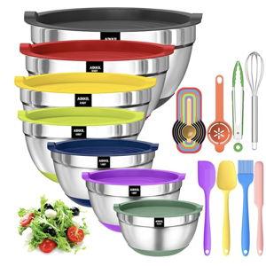 Bowls with Airtight Lids, 20 piece Stainless Steel Metal Nesting Bowls, Non-Slip Colorful Silicone Bottom, Size 7, 3.5, 2.5, 2.0,1.5, 1,0.67QT, Great for Mixing, Baking, Serving