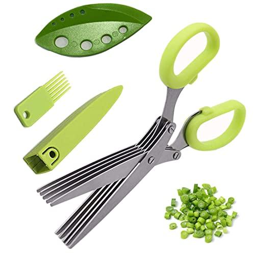 Herb Scissors Stripper Set,Multipurpose 5 Stainless Steel Blades,Safety Cover,Cleaning Comb,Herb Stripping Tool,4PCS Green Kitchen Cutting Shear Set for Chopping Basil Chive Parsley