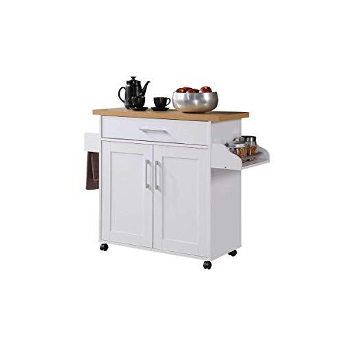 Hodedah Kitchen Island with Spice Rack, Towel Rack & Drawer, White with Beech Top