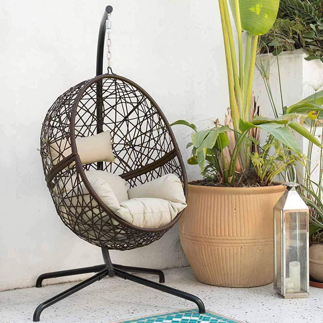 Indoor Outdoor Patio Brown Wicker Hanging Chair Swing Egg Basket Chairs with Stand UV Resistant Cushions with Aluminum Frame 350lbs Capaticy for Patio Balcony Bedroom (Coffee Large Size)