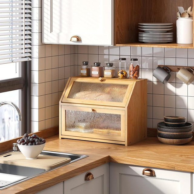 STDDRE Breadbox for Kitchen Countertop Bin Bread Box Storage airtight Container Extra Large Capacity Farmhouse Bread Box double layer with Tree pattern Window Bread Holder(Bamboo Natural)