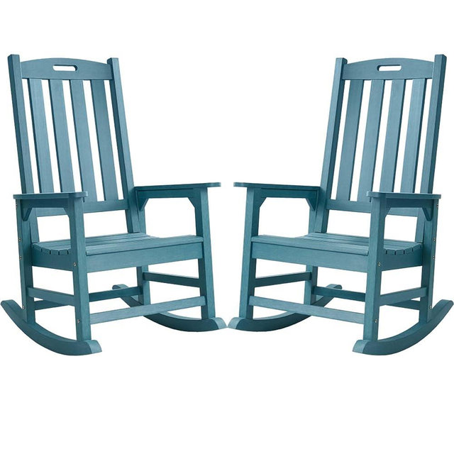 Psilvam Patio Rocking Chairs Set of 2, Poly Lumber Porch Rocker with High Back, 350Lbs Support Rocking Chairs for Both Outdoor and Indoor, Poly Rocker Chair Looks Like Real Wood (2, Blue)