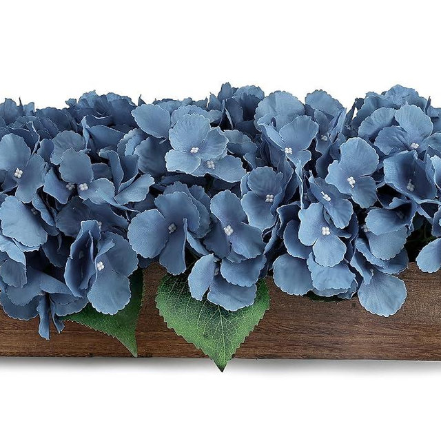 Scawim Pre-made Flower Table Centerpiece, Artificial Hydrangea Arrangements Centerpieces Fake Flowers Decor Wood Tray with Faux Flower Wedding Bouquets Room Kitchen Farmhouse Indoor Office Party(Blue)