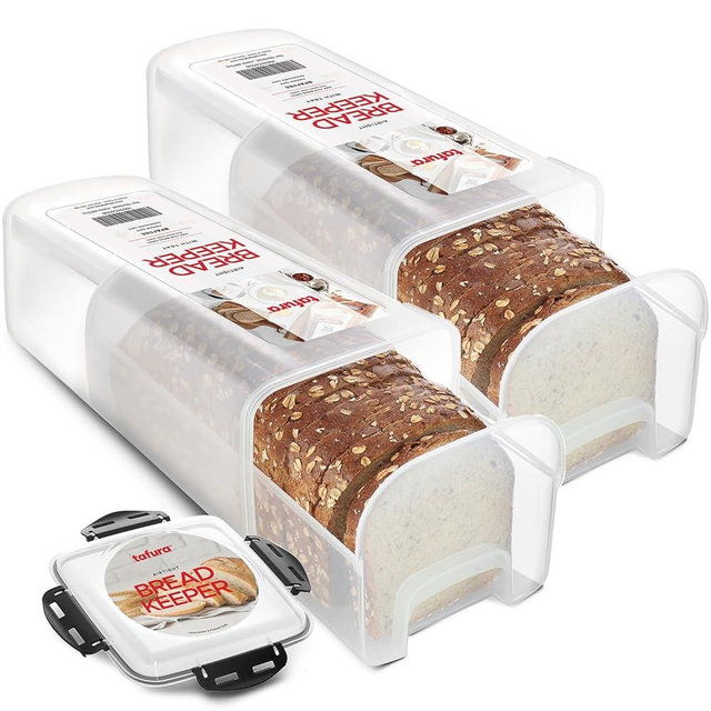 Tafura Bread Storage Container (2 Pack) with INGENIOUSLY Tray, Plastic Bread Box, Bread Container with Airtight Lid, Loaf Bread Keeper, Bread Holder for Homemade Bread, BPA Free