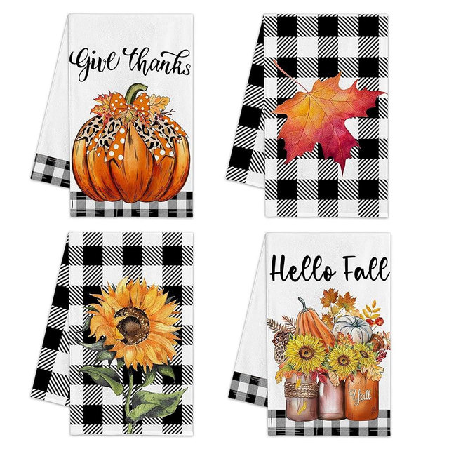 Hexagram Fall Kitchen Towels Set of 4, Pumpkin Fall Dish Towels, Buffalo Plaid Sunflower Decorations for Kitchen, Autumn Hand Towel