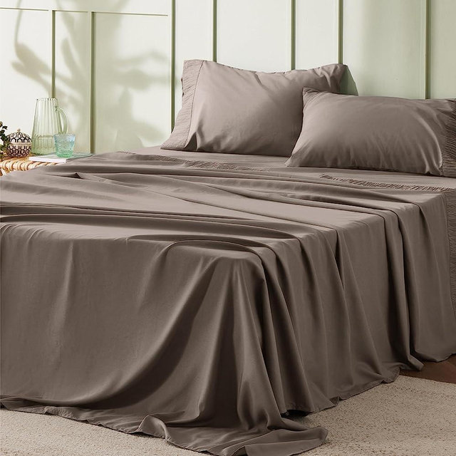 Bedsure California King Sheet Sets - Soft 1800 Sheets for California King Size Bed, 4 Pieces Hotel Luxury Taupe Sheets Cal King, Easy Care Polyester Microfiber Cooling Bed Sheet Set