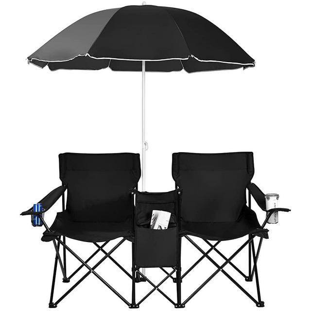 Goplus Double Folding Picnic Chairs w/Umbrella Mini Table Beverage Holder Carrying Bag for Beach Patio Pool Park Outdoor Portable Camping Chair (Black)