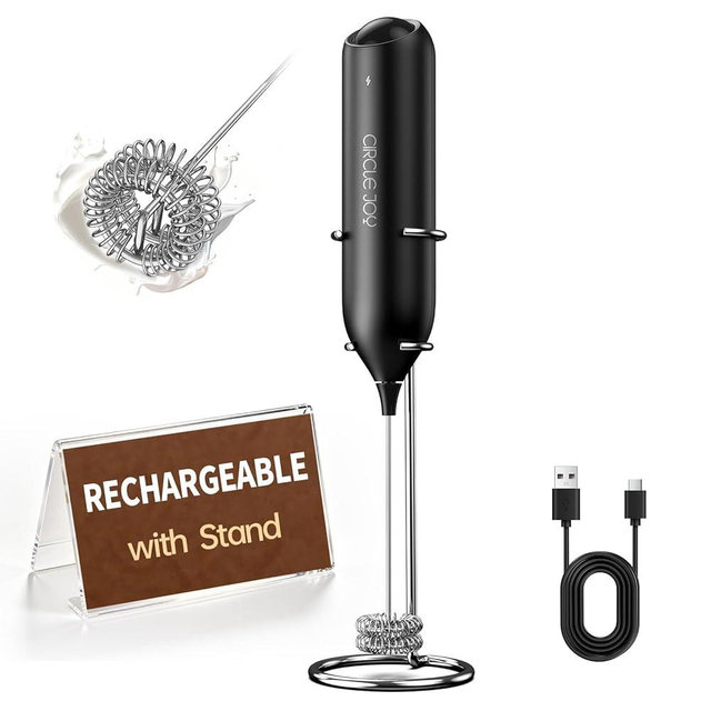 CIRCLE JOY Electric Rechargeable Milk Frother Handheld with Stand, Electric Whisk Milk Frother Wand with Dual Spring Whisk, Portable Drink Mixer for Coffee Cappuccino Latte Matcha, Black