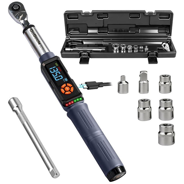 Goseek Upgraded Rechargeable Digital Torque Wrench, 5-99.6 Ft-lbs/6.8-135Nm, 3/8'' Drive Electric Torque Wrench Set with Buzzer & Colorful LED & Vibration for Car Motor Tire Repair