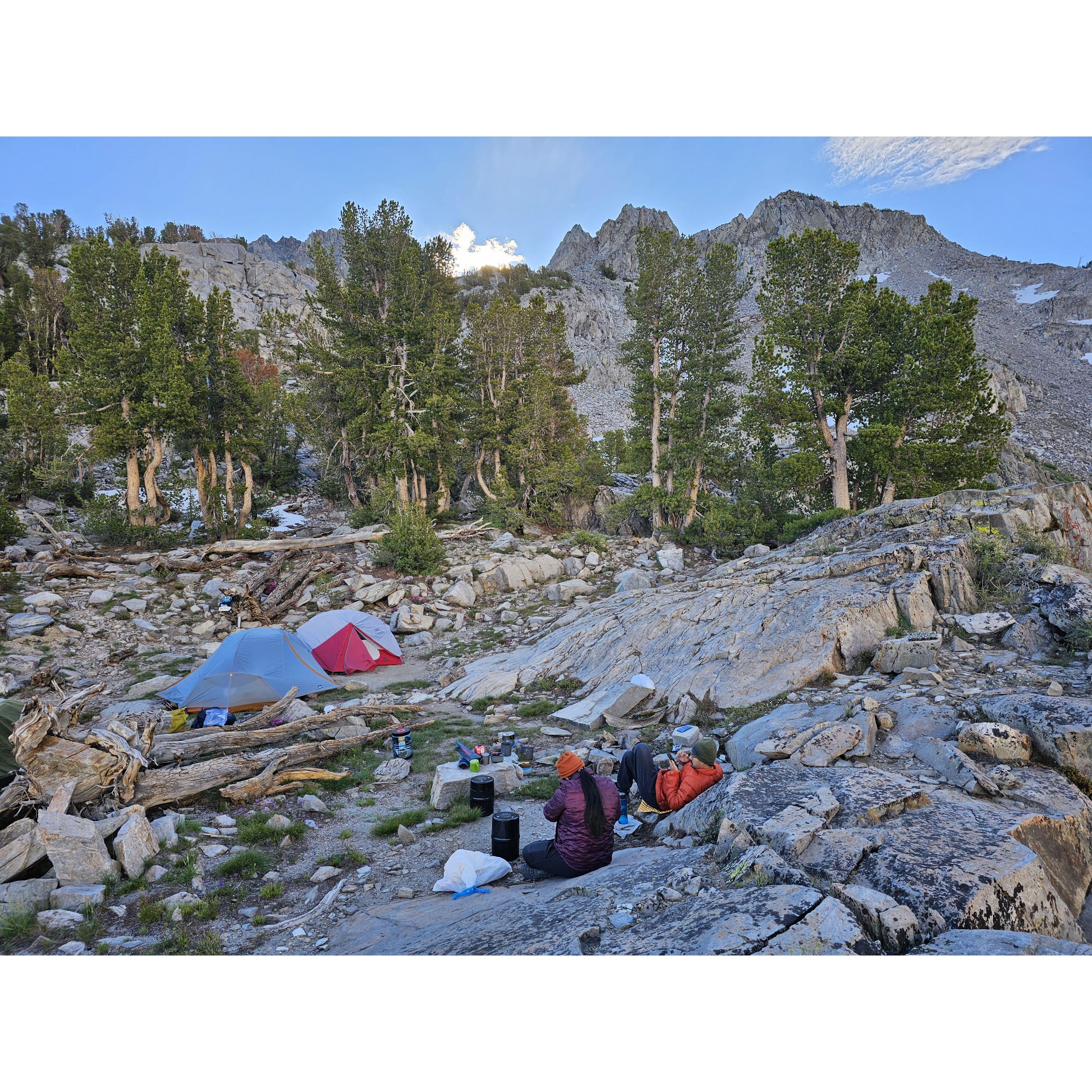 Our set up near one of the lakes.
ngl, if you fish, forgo a shower, and then sleep in a roasty-toasty sleeping bag, your tent will radiate with the smell of roasty-toasty fish all night long.