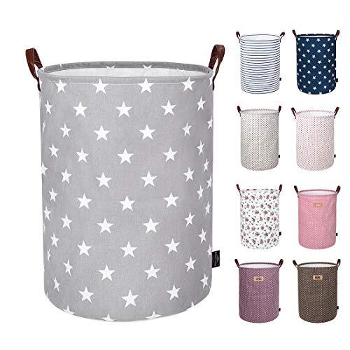 DOKEHOM 19-Inches Thickened Large Laundry Basket -(9 Colors)- with Durable Leather Handle, Drawstring Waterproof Round Cotton Linen Collapsible Storage Basket (Grey Star, L)