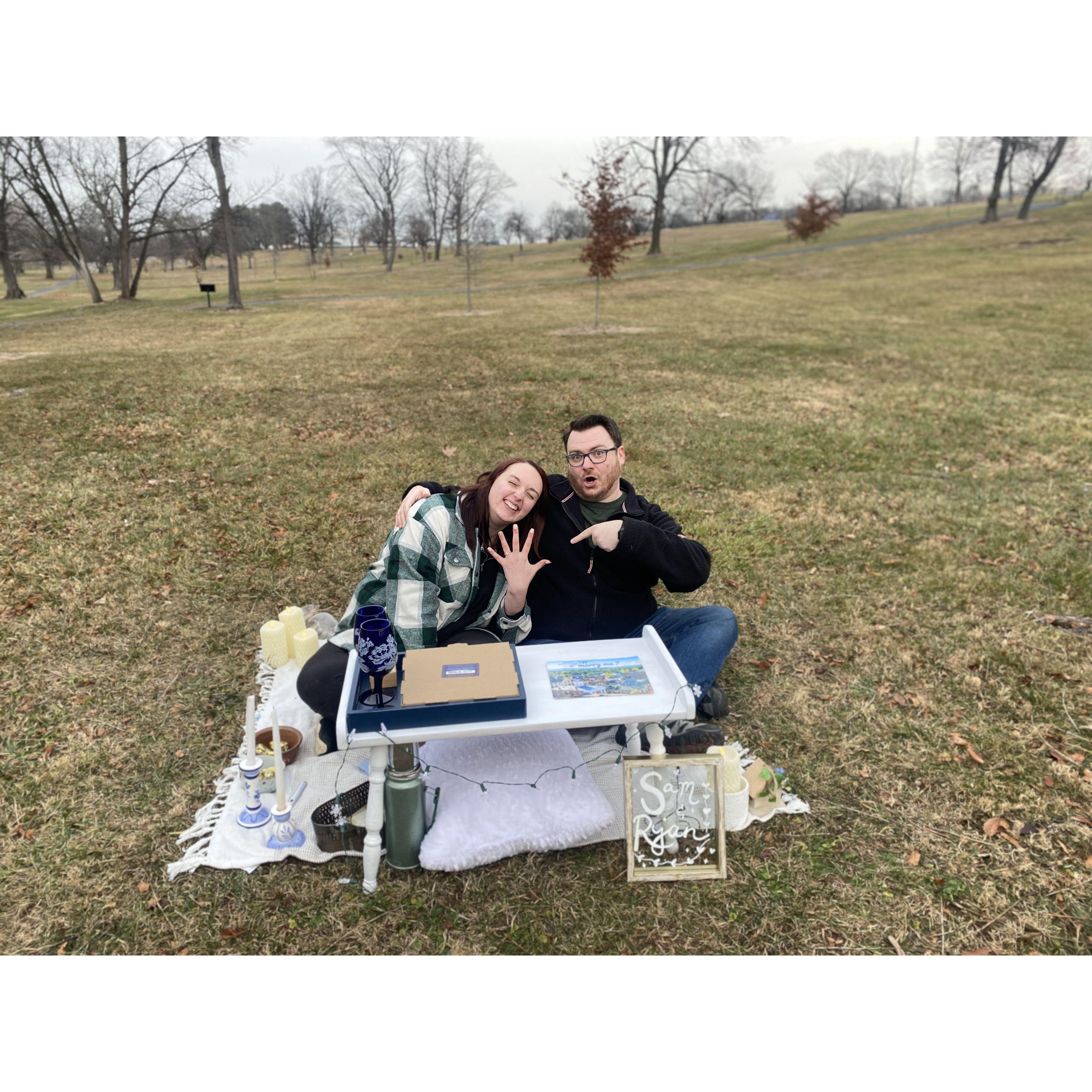 12.23.2024 Engagement day! Ryan set up a thoughtful picnic, made up of special family items, a pizza from their fav place, a custom puzzle, and more!