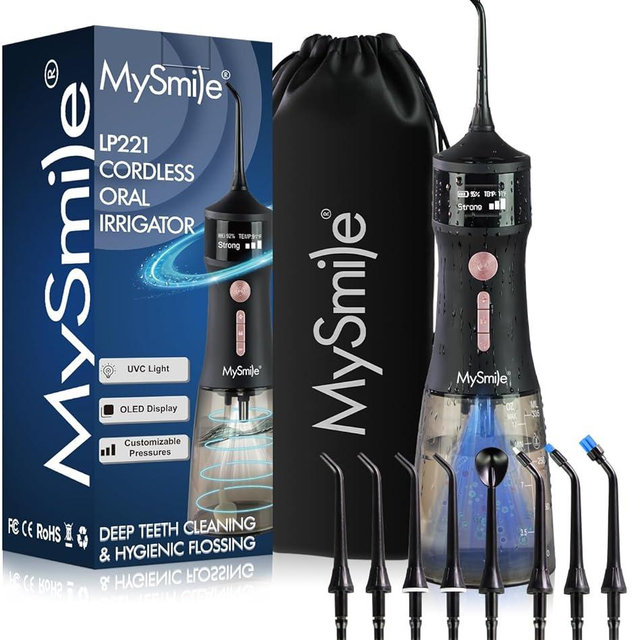 MySmile LP221 UVC Sterilizable Cordless Water Flossers for Teeth 335ML Portable OLED Display Dental Flosser with 4 Modes 8 Jet Tips and a Storage Pouch for Home and Travel (Midnight Black)