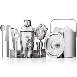 GSCW Bar Set with Ice Bucket - 10 Piece Stainless Steel Bartender Mixology Kit with Cocktail Shaker, Jigger, Strainer, Corkscrew, Bottle Opener, Tongs, Stirrer, Cheese Knife and Stand