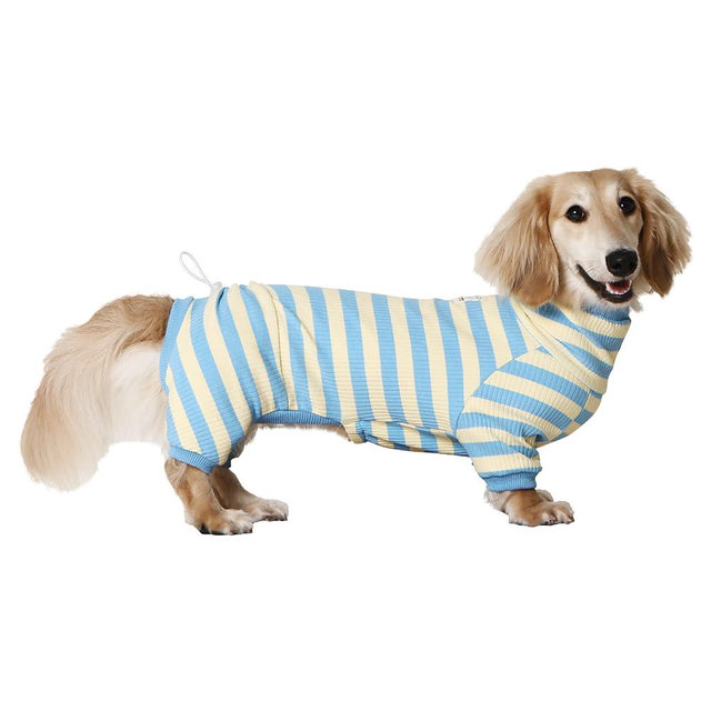 HowlyWoof Dachshund Dog Shirt, Thin Striped Base Layer Onesie for Wiener Dogs, Lightweight All-Season Wear, Soft & Comfy Fit for Doxie and Short-Leg Breeds (Blue&Yellow, Size 2 (11-16 lbs))